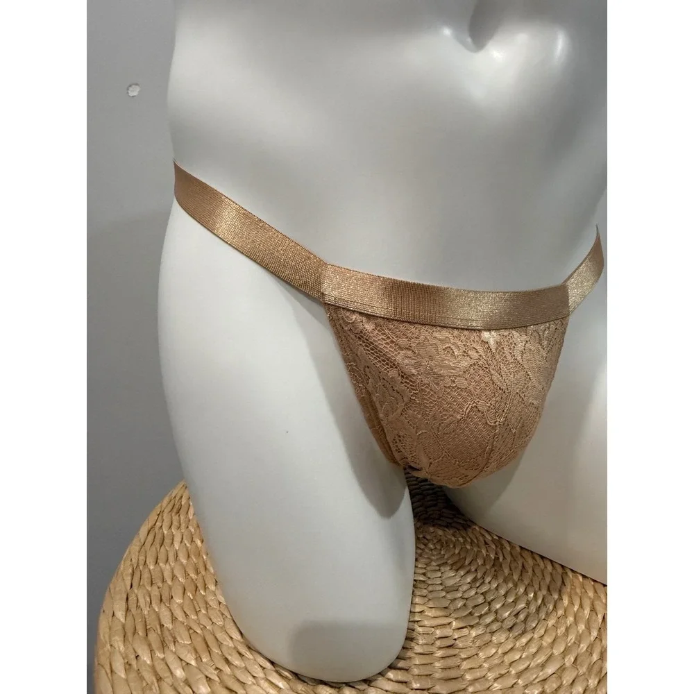 Cosabella Never Say Never Men's Italian Lace Thong Nude Beige Size XL NWT